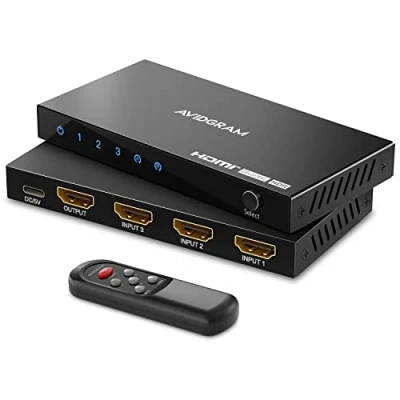 Immagine di Switch HDMI 2.1 8K 60Hz, AVIDGRAM 3 In 1 Out con telecomando IR, porte 4K 120Hz Auto Selector Hub Supporto 48 Gbps, Compatibile Xbox Series X, PS4 Pro, PS5, TV UHD, Monitor