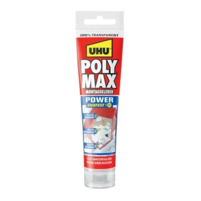 Immagine di UHU POLY MAX Colla di montaggio POWER Tube trasparente, adesivo e sigillante ad alta resistenza finale, 115 g