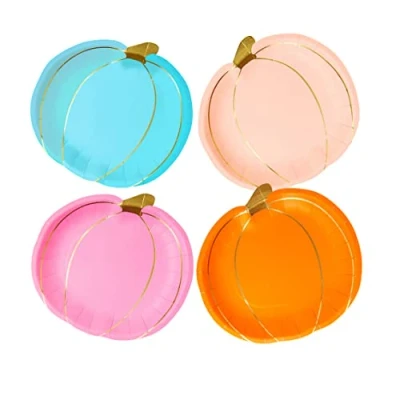 Immagine di Talking Tables Set di 8 piatti per Halloween, a forma zucca, colore arancione, giallo e rosa, usa getta feste, autunno, ringraziamento, Il giorno dei Morti