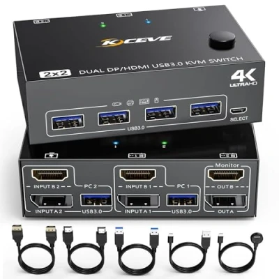 Immagine di DP + HDMI KVM Switch 2 computer monitor, due monitor Displayport USB 3.0 Commutatore per Supporta 4K@60Hz che condividono tastiera, mouse e
