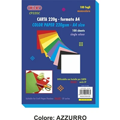 Immagine di Wiler CP220C03 Confezione da 100 Fogli di Carta Colorata 220gsm Formato A4 Colore AZZURRO