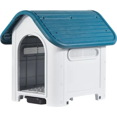 Immagine di Lanco Cuccia per Cani di Piccola Taglia con Toilette. Uso Interno ed Esterno prese d&#039;aria. Materiale Resistente. 75x59x66cm. Blu e Bianco.