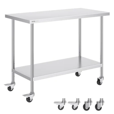 Immagine di VEVOR Tavolo da Lavoro in Acciaio Inossidabile 610 x 1219 954 mm, con 4 Ruote, 3 Livelli di Altezza Regolabili, Resistente per Preparazione Alimenti Ristoranti Cucina Commerciale, Argento