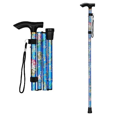 Immagine di supregear Bastone Pieghevole, da Passeggio Regolabile per Anziani e Adulti, Ausilio la Mobilità Uomo Donna, Bastoncino Viaggio Portatile con Cinturino Polso Manico a T