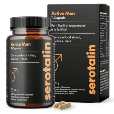 Immagine di serotalin® ACTIVE MEN Booster per Uomini Formulato con dosi elevate di Shilajit, Maca, Tribulus Terrestris, Fieno greco, Zinco, Selenio e Vitamine 60 Capsule Produzione tedesca I Vegano