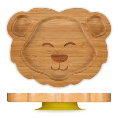 Immagine di Relaxdays Piatto con Ventosa per Bambini, Piattino Pappa Svezzamento Neonati, Senza BPA, Forma Leone in bambù, Naturale, Silicone, 3 x 23,5 18 cm