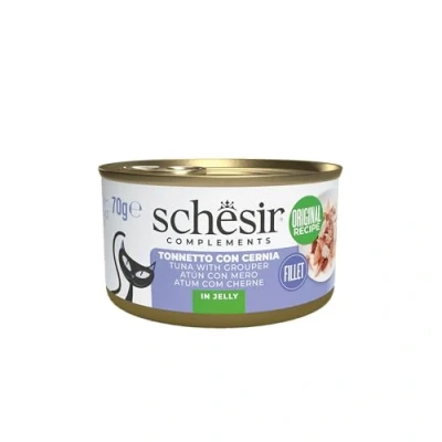 Immagine di Schesir, Filetti di Tonno con Cernia in Gelatina, Cibo Umido Complementare per Gatti, Ricetta Originale, 100% Naturale, 12 lattine da 70g