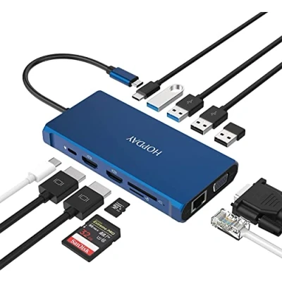 Immagine di HOPDAY Docking Station, Station USB C 12 in 1 Triplo display con 2 HDMI 4K, VGA, Gigabit Ethernet,100W PD, Hub 3.0 5Gbps, lettore di schede SD/TF, audio/mic da 3,5 mm per MacBook Pro/HP