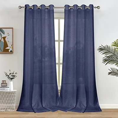 Immagine di Melodieux tende semi velate blu navy, lunghe 240 cm, per soggiorno, camera da letto, in lino, con occhielli, voile, 132 x 248 cm (2 pannelli)