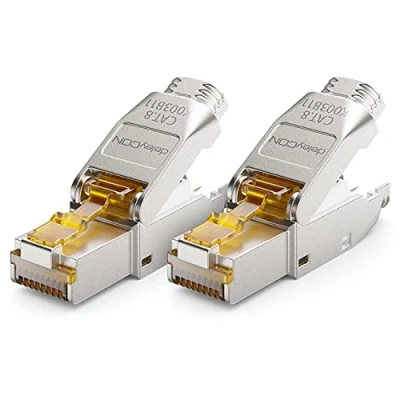 Immagine di deleyCON 2x CAT 8 Connettore di Rete RJ45 a Sgancio Rapido con Schermatura 40 Gbit/s Spina per la Posa Rigidi Cavi Grezzi Ethernet LAN Cavo Patch DSL