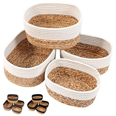 Immagine di Lannvan Set di 4 Cestini Portaoggetti,Cestino Portaoggetti in Corda Cotone e Giacinto d&#039;acqua per Bambini Bambina,Impilabile Organizer Fasciatoio,Cesto Ceste Bagno