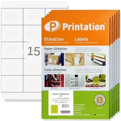 Immagine di Printation Etichette Universali 70 x 50,8 mm 15 per Foglio 70x50,8/500 fogli A4 7500 Adesive Stampante Multiuso con Margini 3669 4278 5055 LA135 002175