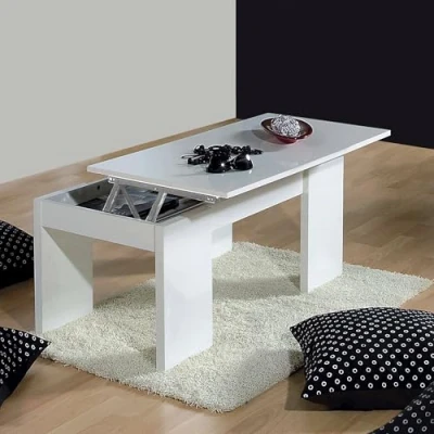 Immagine di Dmora Tavolino da caffè con Piano Spazio Contenitore, Colore Bianco Lucido, cm 100 x 43 50 (Altezza elevabile a 54 cm), Small