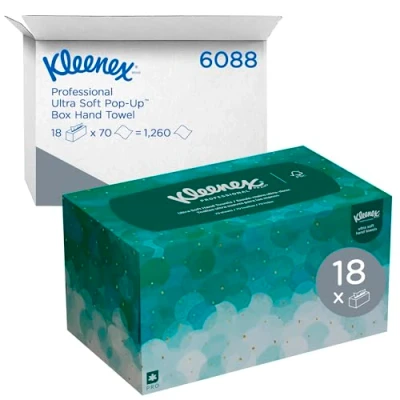 Immagine di Kleenex Asciugamani Intercalati 11268 1 Velo,Morbidi,Resistenti e Assorbenti,Formato Pop Up con Erogazione Senza Contatto,Compatibili Dispenser Kimberly Clark 9924,18 Scatolex70 Fogli(1.260Totali)