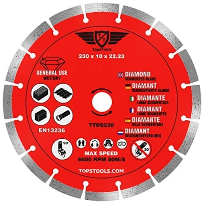 Immagine di TopsTools TTDS230 Lama per sega circolare diamantata segmentata smerigliatrice angolare compatibile con Bosch Dewalt Makita Milwaukee e molti altri modelli, 230 mm x 10 22,23