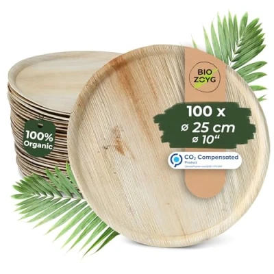 Immagine di BIOZOYG Palmware Piatto pizza usa e getta in Foglia di palma I Stoviglie monouso 100 x Tavola da rotonda 25 cm, piatta, con bordo biodegradabile
