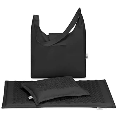 Immagine di Navaris Set Massaggi Agopressione Tappetino e Cuscino Tappeto Svedese Chiodato con Borsa Materassino Cuscinetto Sacca Shakti Yantra Mat Nero