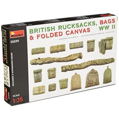 Immagine di MiniArt 35599 1:35 WW2 Brit. Zaini, teloni, borse, kit di costruzione in plastica, fai da te, hobby, incollaggio, modellismo, assemblaggio, non verniciato, Colore Various, MIN35599