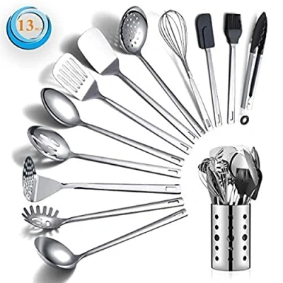 Immagine di Berglander Set di Utensili da Cucina in Acciaio Inossidabile 13 Pezzi, cucchiai con Porta Antiaderente e Resistente al Calore, Lavabile lavastoviglie