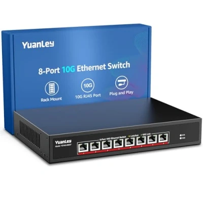 Immagine di YuanLey 10G Switch Ethernet 8 Porte RJ45 10Gbps, Supporto Auto Negoziazione Velocità 10G/5G/2,5G/1G/100Mbps, Capacità di Commutazione 160Gbps, Non Gestito Montabile su Rack, Plug and Play