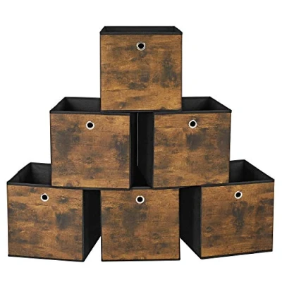 Immagine di SONGMICS Scatole Portaoggetti, Set di 6 Contenitori con Manico, in Tessuto Oxford e Non Tessuto, 30 x cm, per Scaffali a Cubo, Pieghevoli, Marrone Vintage Nero RFB102B01
