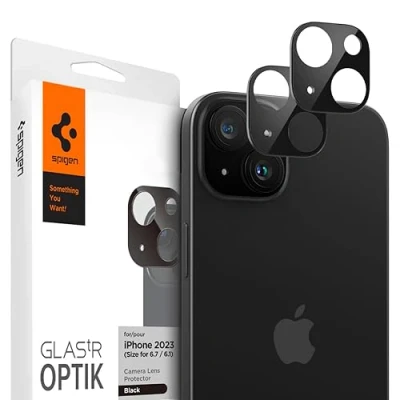 Immagine di Spigen Glas.tR Optik Protezione Fotocamera compatibile con iPhone 15, 15 Plus, 2 Pezzi, Nero, Resistente ai Graffi, Durezza 9H Pellicola prottetiva