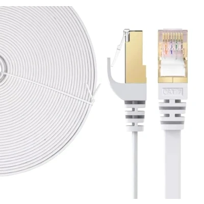 Immagine di Elfcam® 30m Cavo Ethernet Cat 7, Piatto RJ45 di Rete LAN, Ad Alta Velocità Dati Internet, 100% Rame, STP, 32 AWG, Bianco (30m)