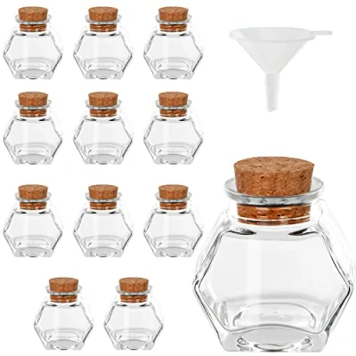 Immagine di BELLE VOUS 12 Barattolini Vetro Piccoli a Forma Esagonale con Tappi in Sughero 45 50 ml Mini Bottiglie Ermetiche e Imbuto per Bomboniere, Feste, Cucina Spezie Marmellate