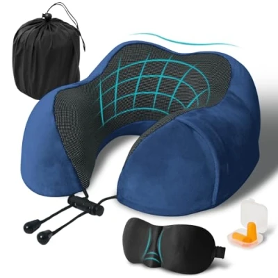 Immagine di FANHOMAS cuscino cervicale aereo, da viaggio in memory foam, a forma di U, per adulti, con maschera dormire e tappi le orecchie, aeroplano, auto, ufficio, rosa