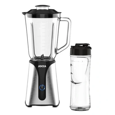 Immagine di JOCCA Frullatore di vetro con bottiglia da viaggio/potenza 350 W, frullatore/caraffa 1 l e 600 ml/luce LED, coperchio rimovibile, lame in acciaio inox (caraffa + W)