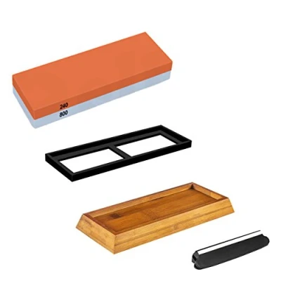 Immagine di Nuzamas, pietra per affilare coltelli, alta qualità, a doppia faccia, grana 240/800, cote affila coltelli da cucina, base antiscivolo e guida angolare inclusa