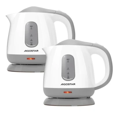 Immagine di Aigostar Juliet Bollitore acqua Elettrico Piccolo 1 Litro, 1100W, Filtro Anticalcare, Mini da Viaggio, Spegnimento automatico,Senza filo con base girevole a 360, Senza BPA, Bianco, 2 Pack