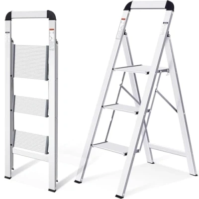 Immagine di KINGRACK Scaletta 3 Gradini di Pieghevole, Scala in Alluminio con Corrimano, Dispositivo Protezione Sicurezza. Antiscivolo, Massima 150kg, Argento