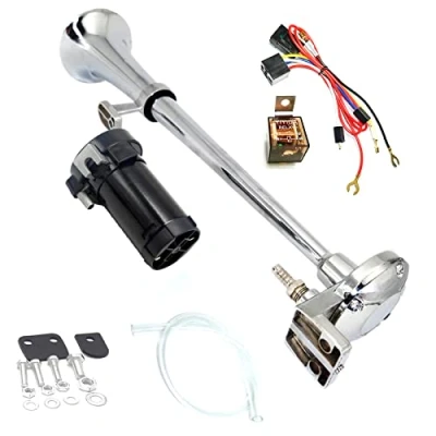 Immagine di YIYIDA YDA204 Clacson per auto, 12 V, 150 dB, 45 cm, in zinco cromato, con compressore, qualsiasi veicolo da camion, treni, barche