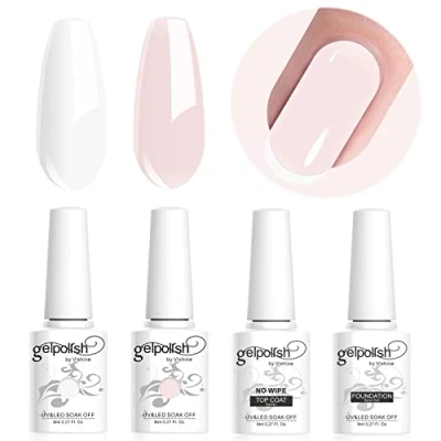 Immagine di Vishine Set di smalti gel semipermanente e base top coat per manicure francese UV/LED, soak off, nail art, french, bianco, rosato, 4 pezzi, 8 ml, kit