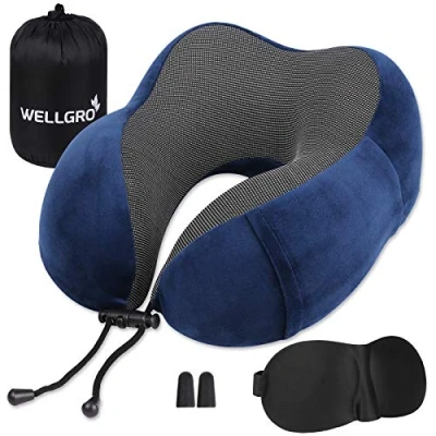 Immagine di WELLGRO Set di Cuscini per Il Collo con Mascherina 3D E Tappi Le Orecchie, Rivestimento Rimovibile, Schiuma Memory, Chiusura Lampo Custodia, Rosa