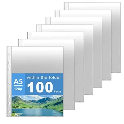 Immagine di AOBOPLE 100 Pezzi Buste Trasparenti Formato A5, 120µ Perforate Trasparenti, Busta in Plastica Trasparente per Conservare Carta, Documenti