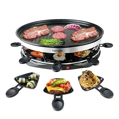 Immagine di Raclette 8 Persone Piastre per Calore Regolabile Continuo Multifunzione con Mini Padelle e 4 Spatole in Legno, 1500W