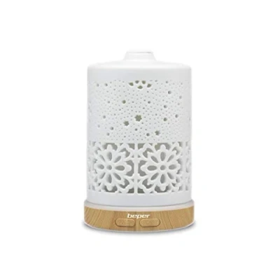 Immagine di Beper 70.404 Diffusore di Essenze in Ceramica, Nebulizzatore a Ultrasuoni, Luce Led 7 Colori, Tasto per la Fuoriuscita del Vapore