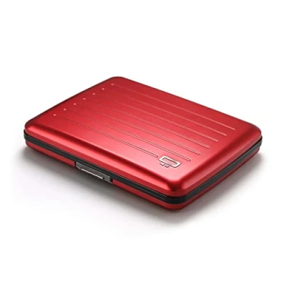 Immagine di ÖGON DESIGNS Portafoglio in alluminio smart case V2 grande capacità banconota formato + monete Forte porta carte resistente con serratura metallo, Rosso, Minimalista