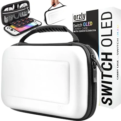 Immagine di Orzly Custodia Originale per Nintendo Switch OLED Console Bianca con Borsa Accessori e Giochi in Storage Interno Kit Protettivo da Viaggio Incluso Case Facile Pulire Edizione Gift Box