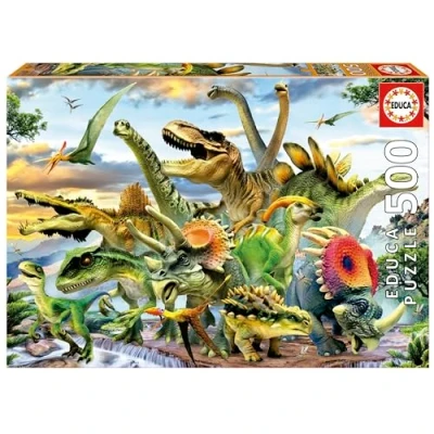 Immagine di Educa Puzzle 500 Pezzi per adulti Dinosauri. di pezzi. perfettamente finiti e sicuri i bambini. Misura montata: 34 x 48 cm. Include colla fix Puzzle. Da 11 anni (17961)