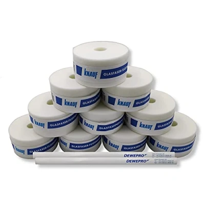 Immagine di 10 pezzi KNAUF® Strisce di copertura per fughe in fibra vetro Rotolo da 25 m; larghezza: 50 mm set con 2 DEWEPRO® matita carpentiere