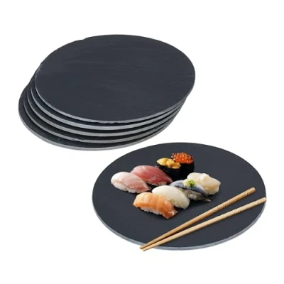 Immagine di Relaxdays Piatti da Portata in Ardesia, Set 6 Vassoi Rotondi D: 25 cm, Servire Sushi, Salumi e Formaggi, Nero