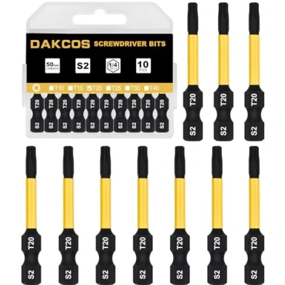 Immagine di DAKCOS T20 Bit lungo, Torx T20, assortimento di punte S2, punta avvitamento 1/4 asta esagonale (lunghezza 50 mm, 10 pezzi)