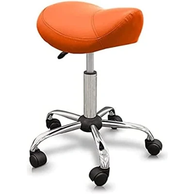 Immagine di QUIRUMED Sgabello tipo Pony, ergonomico, con base in acciaio, colore arancione, rivestimento similpelle, altezza regolabile, seduta imbottita, ruote piroettanti, fino a 150 kg