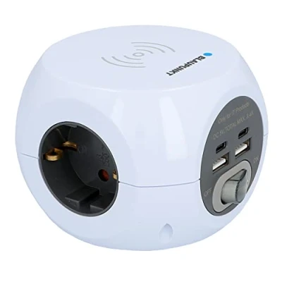 Immagine di BLAUPUNKT Cubo di presa multipla 3 prese, 2 prese USB A + C, con interruttore on/off, ricarica induttiva, bianco, 1,4 m
