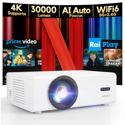 Immagine di AKIYO O9 Proiettore 4K【Netflix Ufficiale &amp; Auto Focus/Keystone】600 ANSI Portatile Full HD 1080P Nativo, TV con WiFi e Dual Bluetooth per Netflix/Youtube/PrimeVideo/D+/iOS/Android