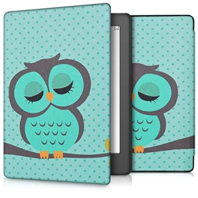 Immagine di kwmobile Custodia eReader Compatibile con Kobo Aura H2O Edition 2 Cover eBook Reader Flip Case turchese/marrone/menta Civetta dormiente