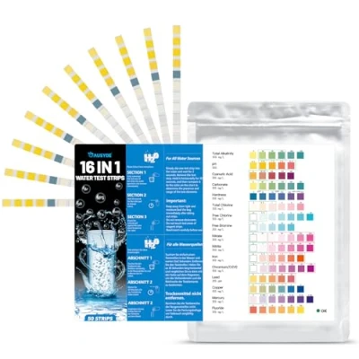 Immagine di Tester d&#039;acqua potabile 16 in 1, 50 pezzi, durezza dell&#039;acqua, strisce reattive per totale, cloro libero, ferro, rame, nitrato e molto altro ancora